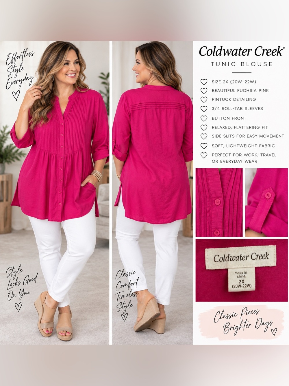 Coldwater Creek Fuchsia Pink Pintuck Tunic Blouse Plus Size 2X